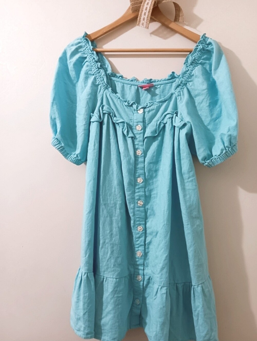 Stoney Clover Lane Blue Linen Blend Puff Sleeve Button Front Ruffled Dress Small